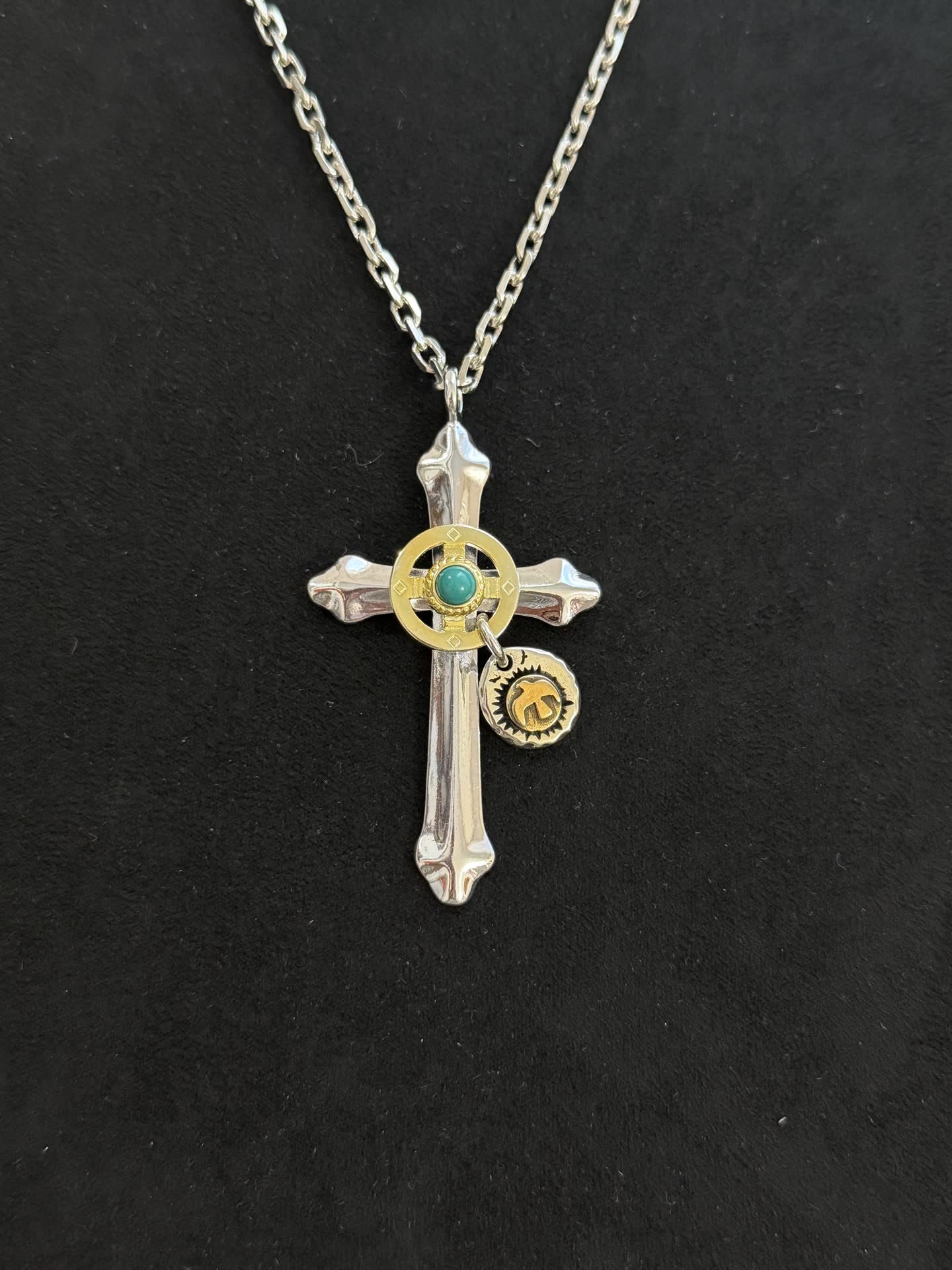 Chrome Hearts Silver Cross Pendant with Turquoise and Gold Accents